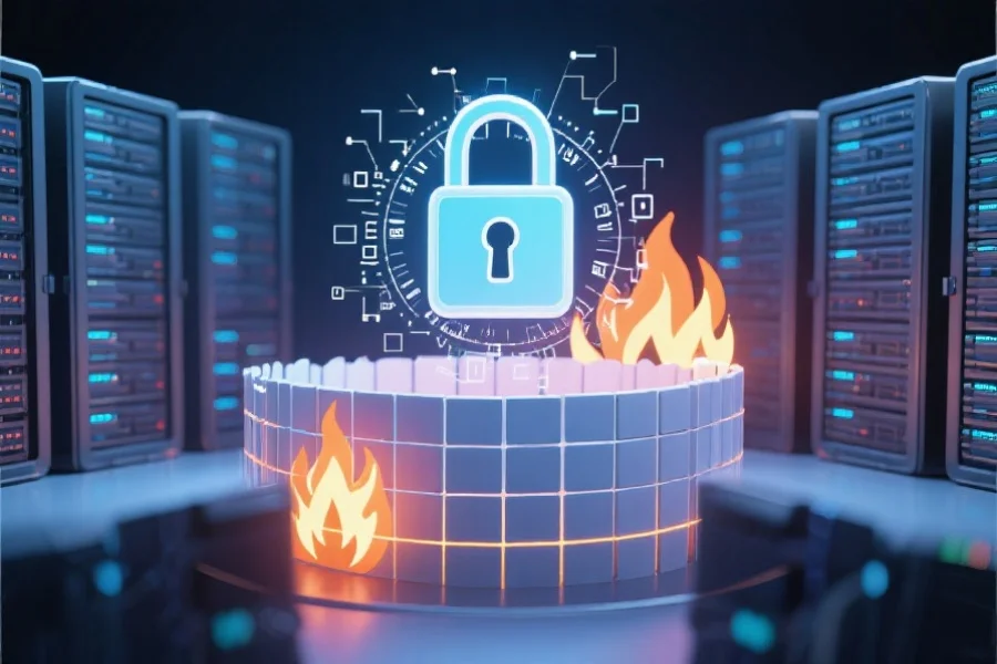 抽象的数字锁和防火墙环绕着服务器，象征数字环境中的数据保护