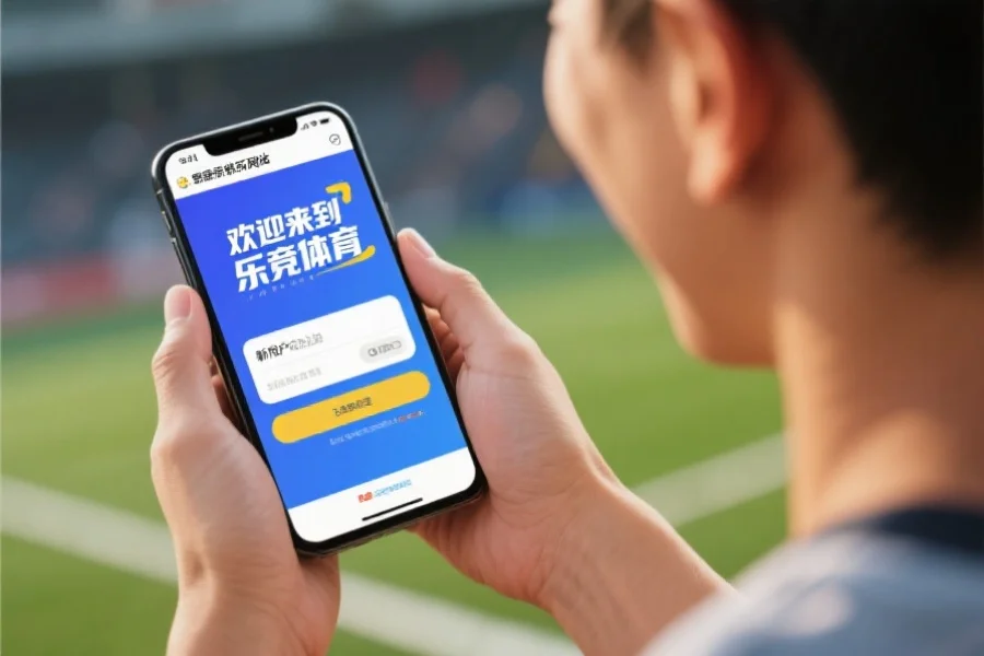 新用户成功注册后,开心地在手机上登录体育娱乐网站,界面显示“欢迎来到乐竞体育”